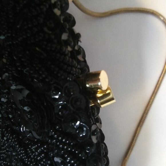 Vintage made in Hong Kong  black Beaded and Sequined clutch handbag kiss clasp - Picture 16 of 17